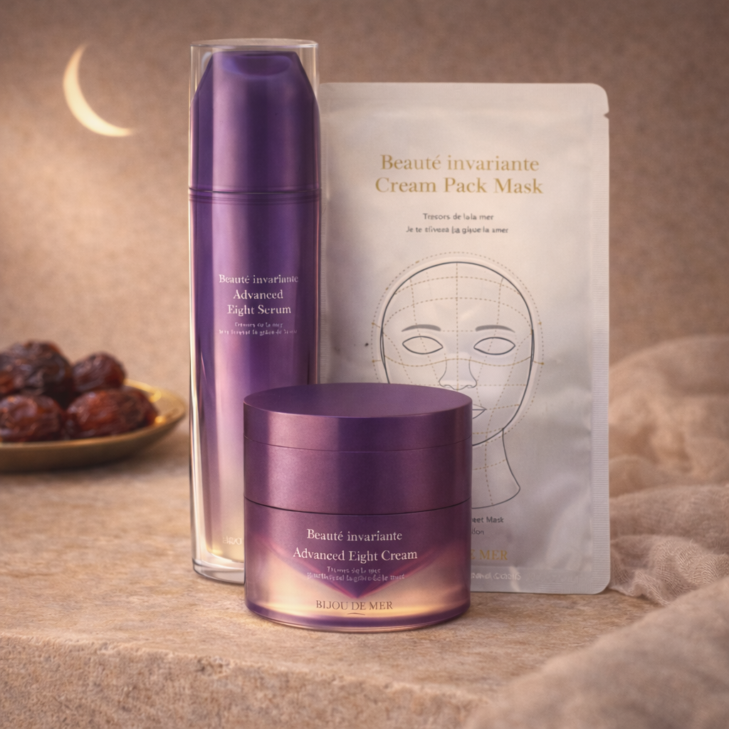 Bijou de Mer Ramadan Marine Renewal Ritual skincare set with serum, cream and sheet mask displayed in warm Ramadan setting in UAE